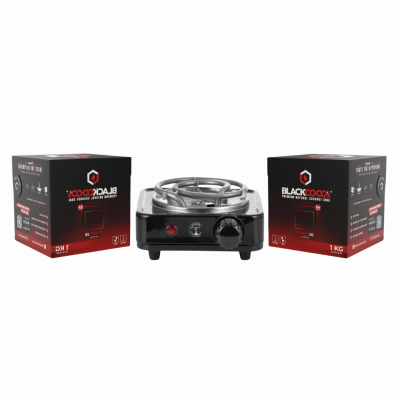 Pack Duo Black Coco's Time avec 2 kg de charbon naturel Black Coco et une plaque de chauffe Mini Time.